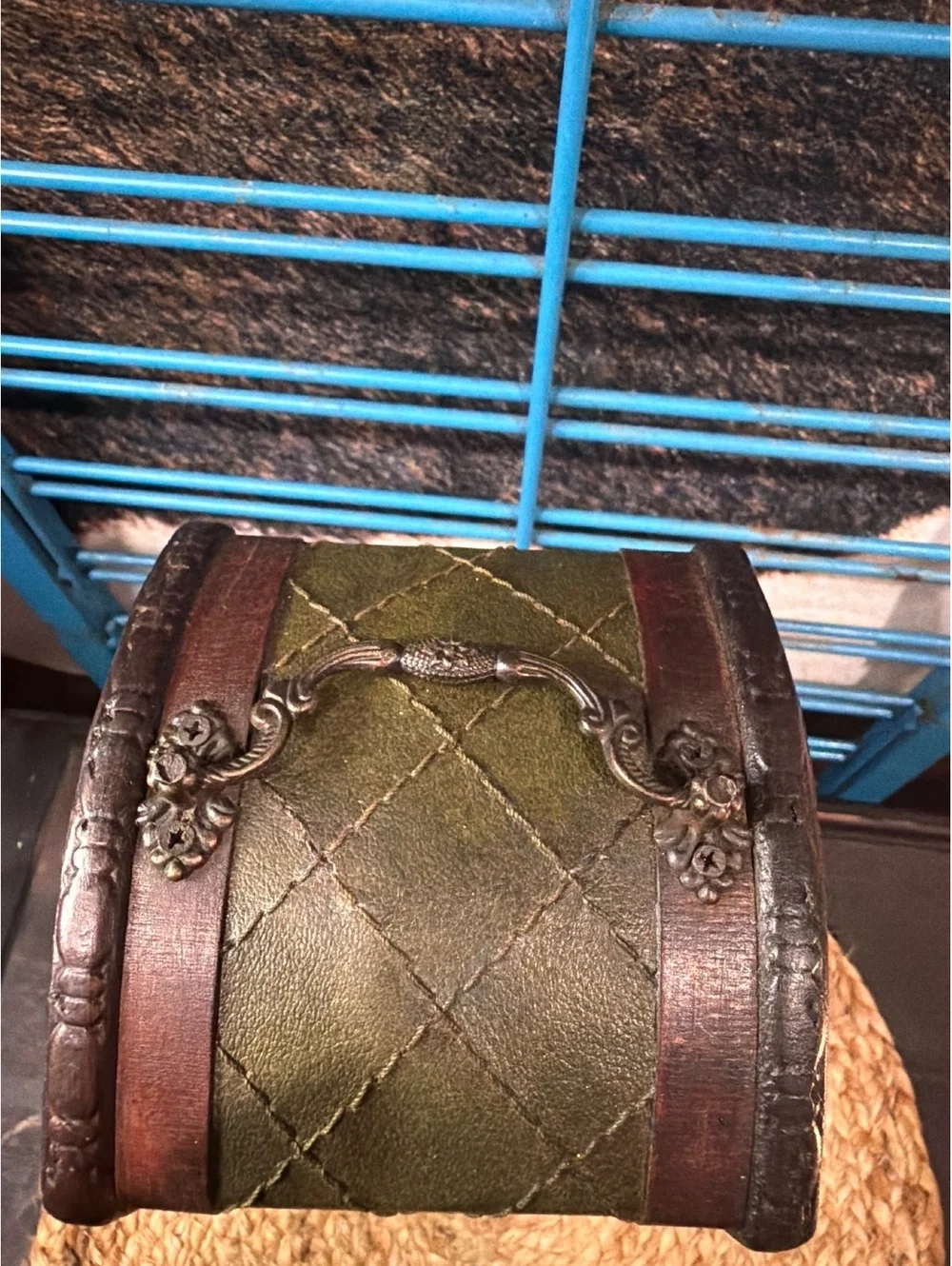 Vintage Wooden and Leather Decorative Box with Metal Handle and Lock
